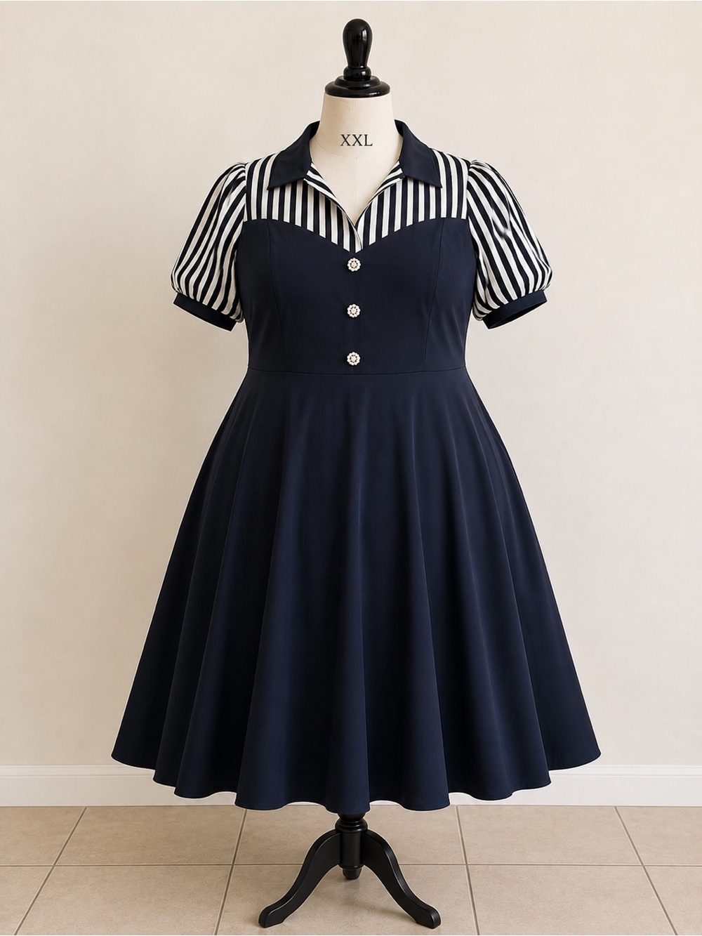 SHEIN black and White Striped Collar Fit-and-Flare Midi Dress